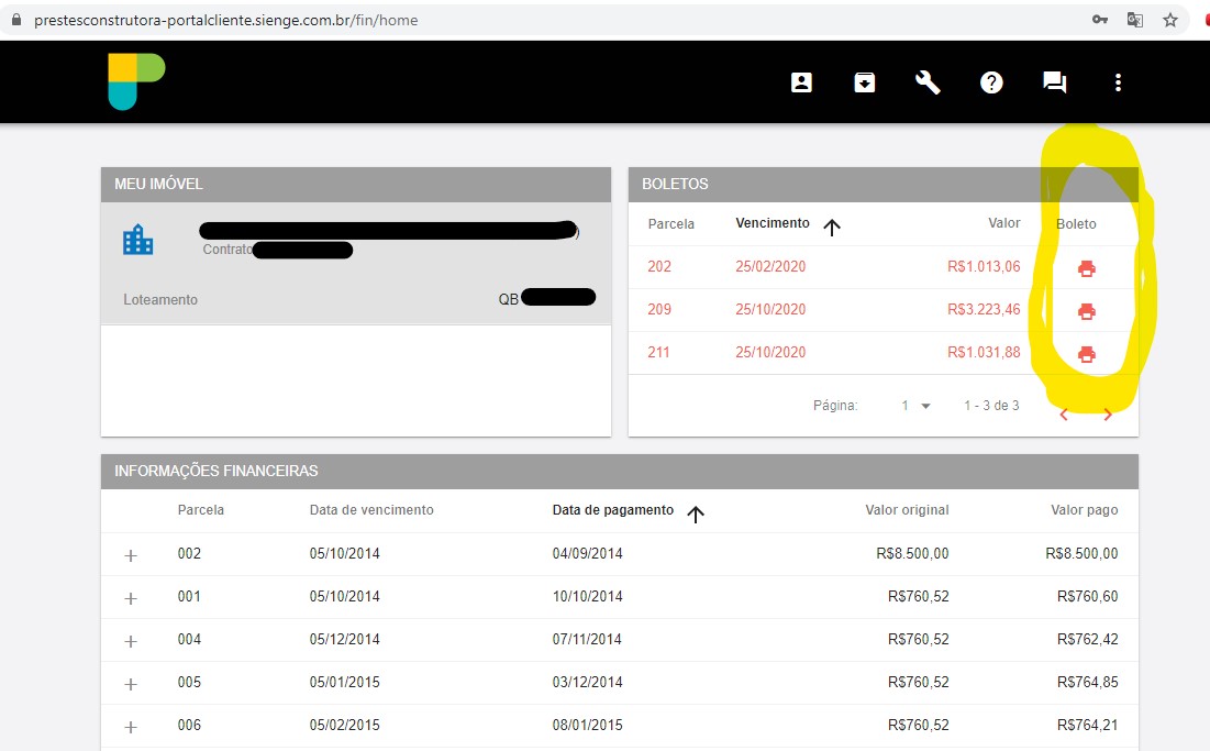 Imprimir Boleto Prestes Construtora - Painel do Cliente Sienge