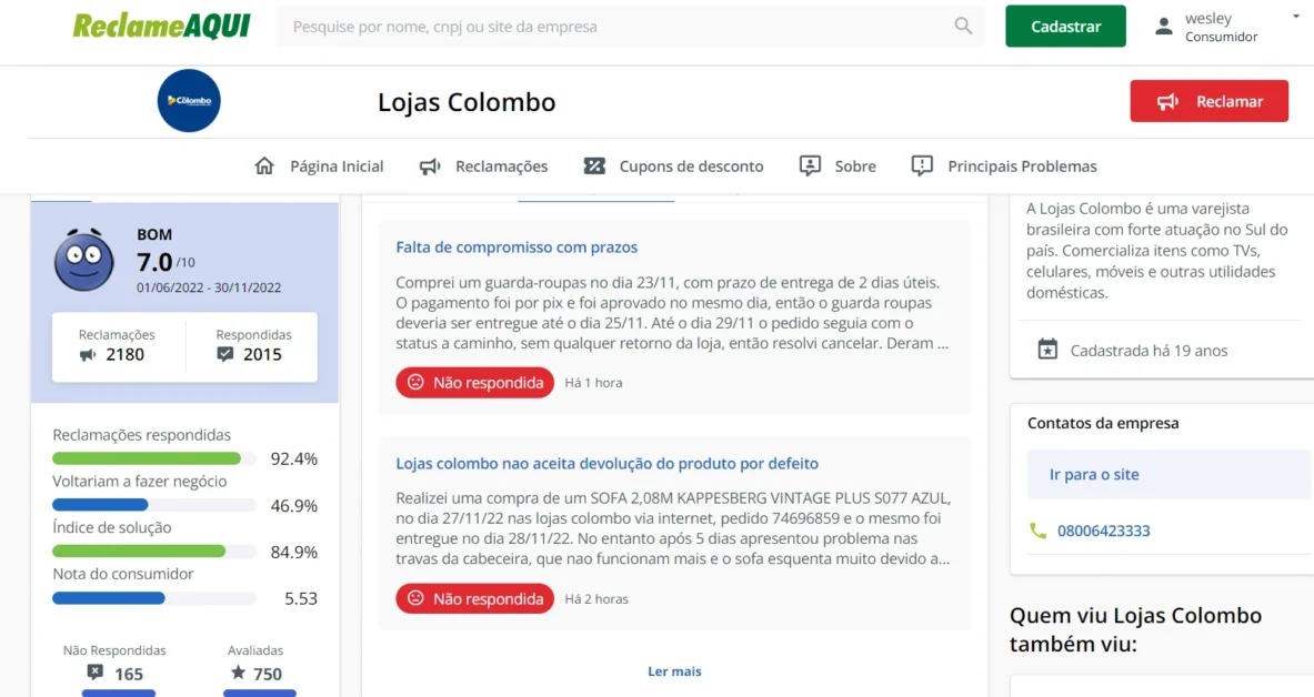 reclamações lojas colombo reclame aqui